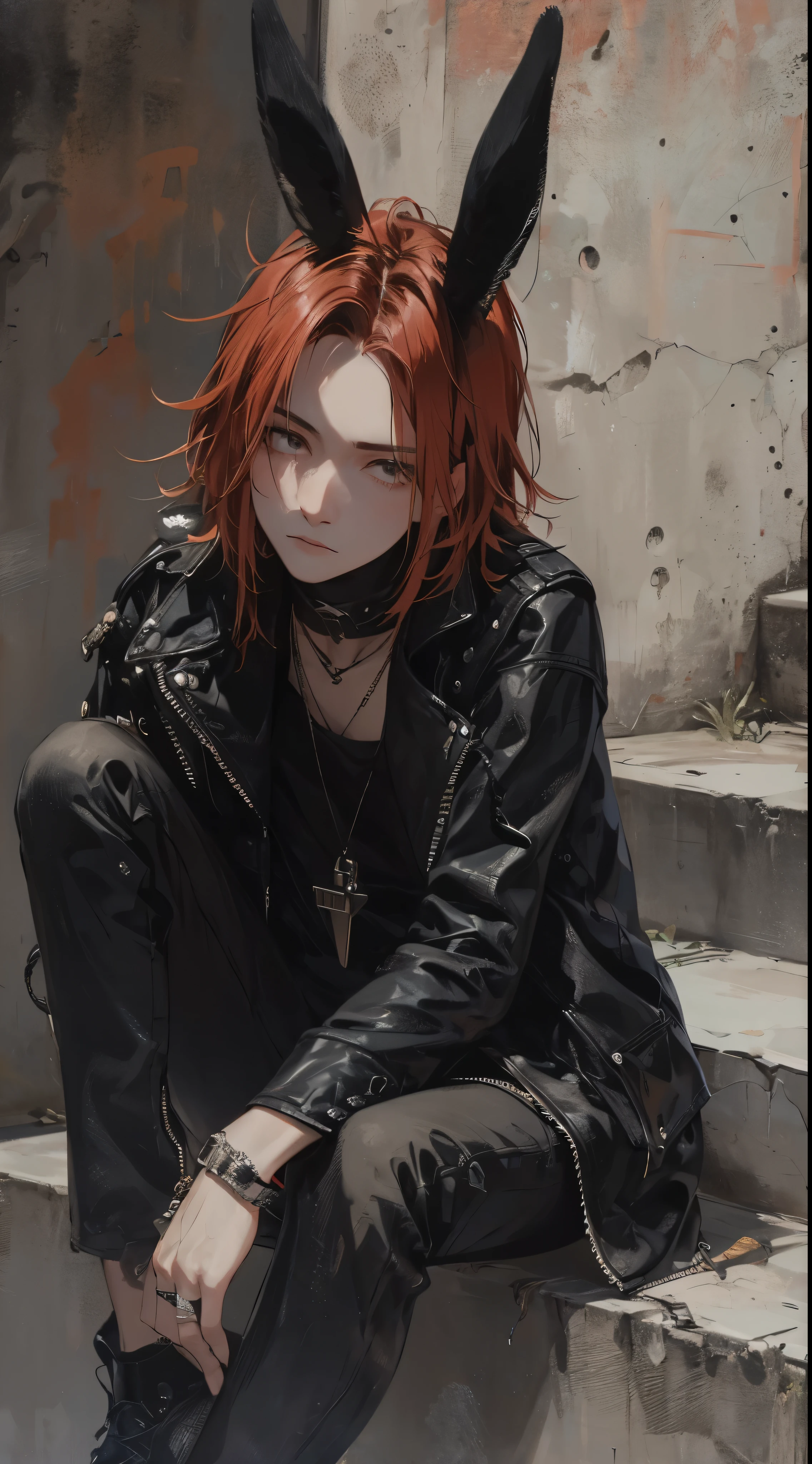 Male closeup, Beautiful young man, red shoulder length hair, Black leather jacket, Gray eyes, Black rabbit ears, dishonest expression, sit with cheekbones upright, concrete wall, Sit on concrete stairs, Dynamic lighting,High quality, amount of drawing, pixiv illustration