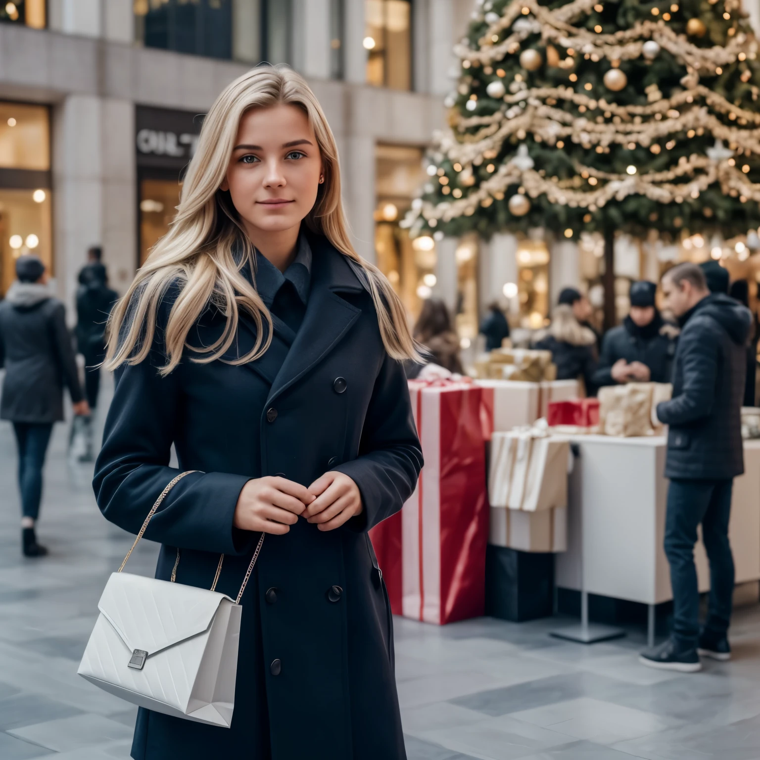 RAW-Foto, A 20-year-old, blonde feger, Lange Haare, Sanduhrförmiger Corps, (Sanfte Hintergrundbeleuchtung), realistisch, Meisterwerk, highest  quality, Blendenfleck, [[chromatische Aberration]],Bester Schatten, Fotorealismus, Hyperrealismus, mall, shopping, christmas, presents, gifts, public