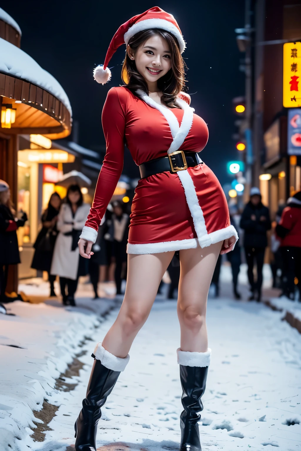 1 Japan women, married woman, A MILF, Mature, goddess of Japan, the extremely hot and sexy, goddess of Japan, large full breasts, Big ass, ((Santa Claus miniskirt costume and hat)), (Wearing:red mini dress trimmed with white fur, Thick black belt, Long Red Leather Boots), (thigh visible), (Cowboy Shot), (Fireworks go off at an amusement park on a snowy night), In the snow, (Background: A snowy night city decorated with Christmas illuminations), ((depth of fields)), ((top-quality, 8K, masutepiece:1.3)), full body Esbian, Beautiful woman with perfect body shape:1.4, ((dark brown hair)), Highly detailed facial and skin texture, A detailed eye, 二重まぶた, grin