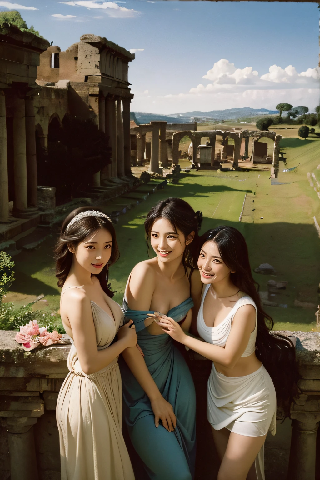 Ancient Roman ruins,Poussin-style landscape,A smile,,Sweet and seductive appearance.、Caravaggio's paintings、Chiaroscuro of Caravaggio、Hair disheveled in the wind,Two women frolicking,Cute smile, Expression of ecstasy,A sexy,erotick