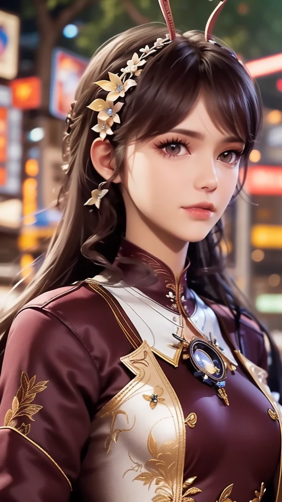 (8K, Best quality, tmasterpiece:1.2), (actual, realisticlying:1.37), ultra - detailed,Best quality, 超高分辨率, profesional lighting, フォトンマッピング, Radio City, physically-based renderingt, 电影灯光, pedestrian street,Depth of field when it rains, Focus sharp,rays of sunshine, well-composed,(bokeh:1.2) 1 sister,Alone,(closeup view),beautidful eyes, grin face, lacivious pose, Willow waist, middlebreast, (Clothes and hair colors are random,messy hair,long hair floating in the wind,(ulzzang-6500:1.2)