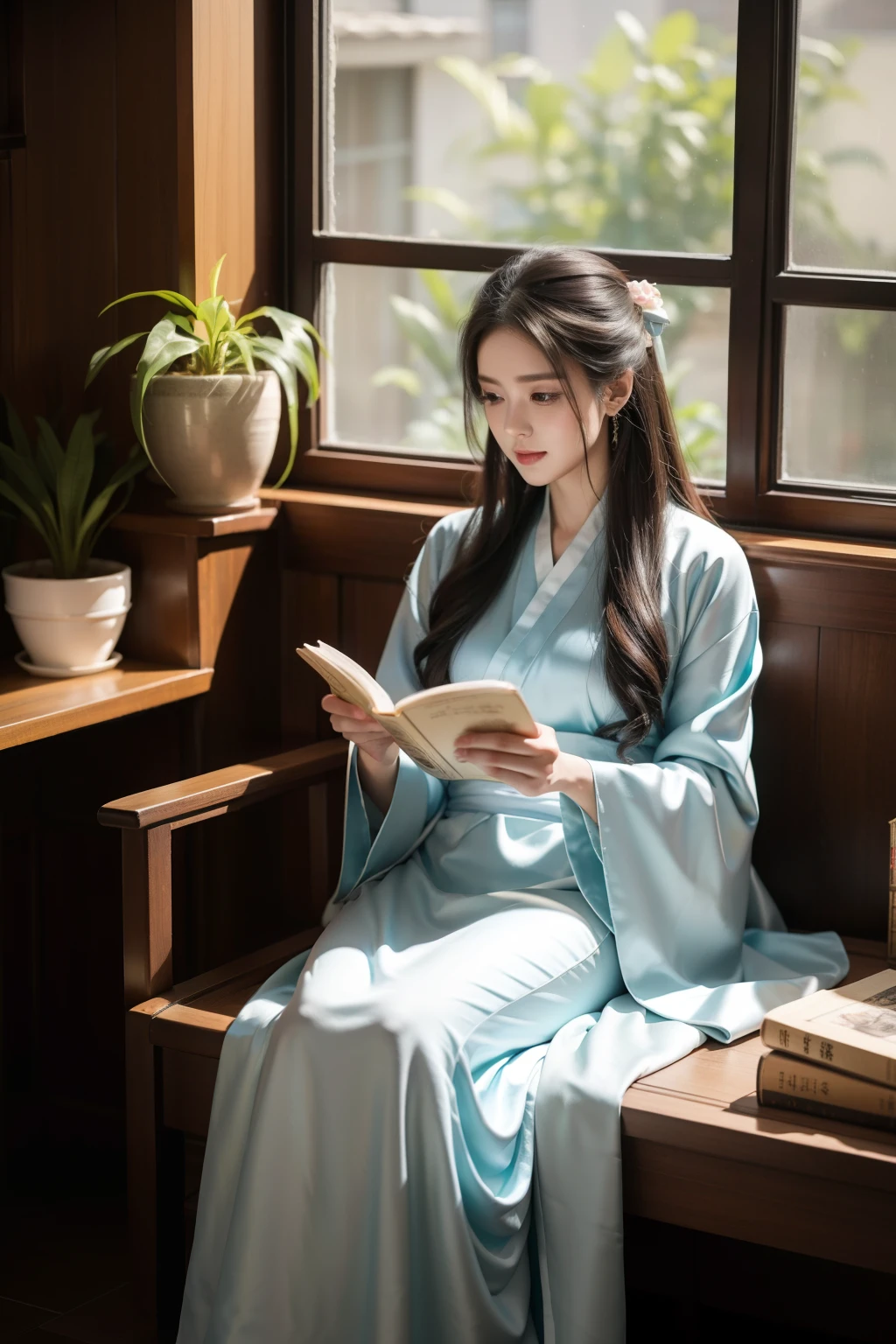 A beautiful woman reads a book, 5 slender fingers, Bust photo, A gorgeous satin Hanfu,in the study, Indoor potted plants, Sunlight outside the window.