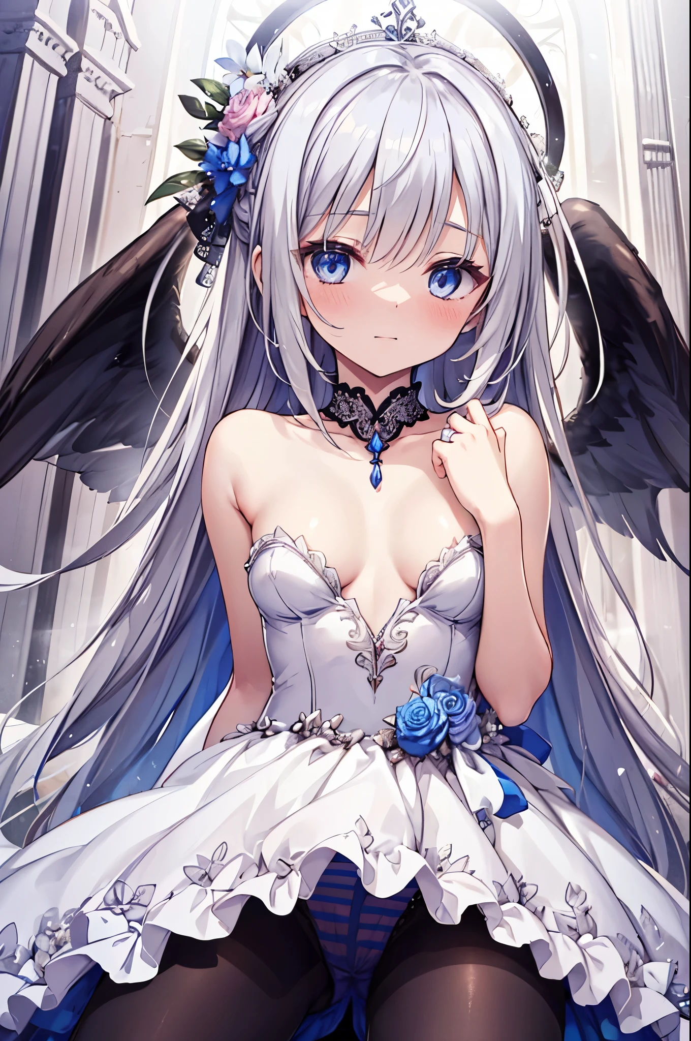 NSFW,((1man with 1woman,Having sex)),Riding on top of a naked man,straddle,Hand down,vaginal penis,(Best Quality,4K,8K,hight resolution,masutepiece:1.2),Ultra-detailed,Beautiful Girl,Enchanted,Enchanting,cheerfulness,divine,magical effect,silver white hair,e Blue Eyes,pale pink wedding dresses,Bride's crown,small amount of sky blue cloth,Sophisticated clothing,detailed lace,Delicate frills,Bedroom,solo person,during night,lacepantyhose,sacred stripes,Transparent costume,jewel decorations