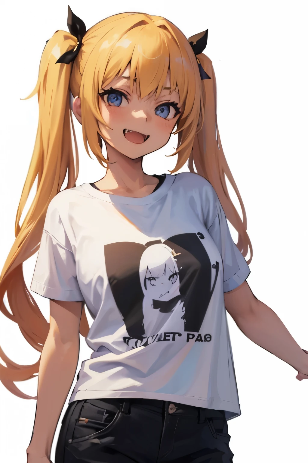 Beautiful girl, blonde, twintails, fangs, grinning face, transparent T-shirt, short pants,