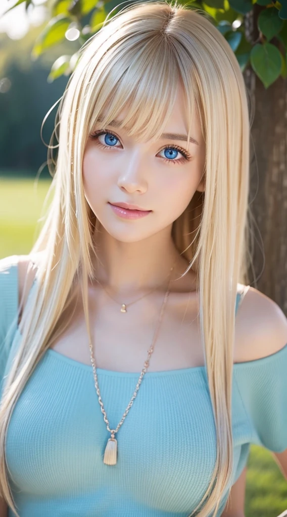 shiny, Beautiful white skin、Hair color changes with light、Bangs between eyes obstruct vision、cheek gloss highlights、Sexy and very beautiful, Nice, kawaii, gorgeous faces、The most beautiful face in the world、The most beautiful super long blonde hair in the world、Smooth straight hair、Very large bright light blue eyes, light fixtures、beautiful pony、Beautiful 15 year old Swedish blonde girl、Baby's face