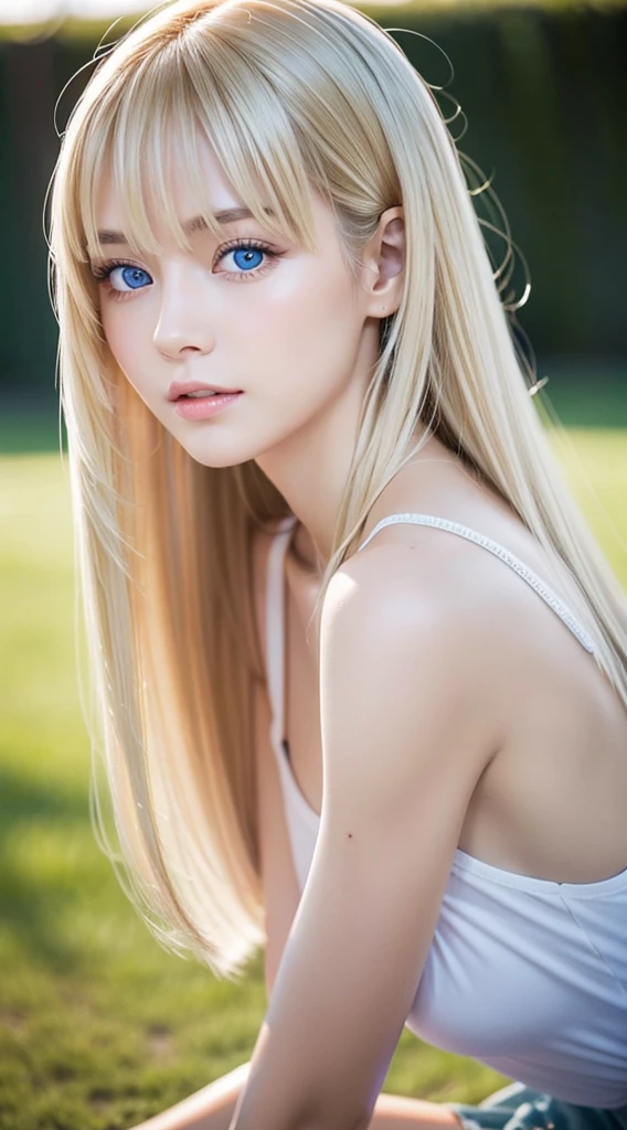 shiny, Beautiful white skin、Hair color changes with light、Bangs between eyes obstruct vision、cheek gloss highlights、Sexy and very beautiful, Nice, kawaii, gorgeous faces、The most beautiful face in the world、The most beautiful super long blonde hair in the world、Smooth straight hair、Very large bright light blue eyes, light fixtures、beautiful pony、Beautiful 15 year old Swedish blonde girl、Baby's face