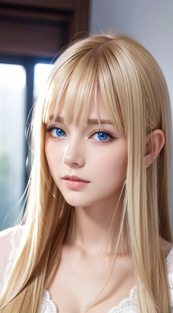 shiny, Beautiful white skin、Hair color changes with light、Bangs between eyes obstruct vision、cheek gloss highlights、Sexy and very beautiful, Nice, kawaii, gorgeous faces、The most beautiful face in the world、The most beautiful super long blonde hair in the world、Smooth straight hair、Very large bright light blue eyes, light fixtures、beautiful pony、Beautiful Swedish blonde girl、Baby's face