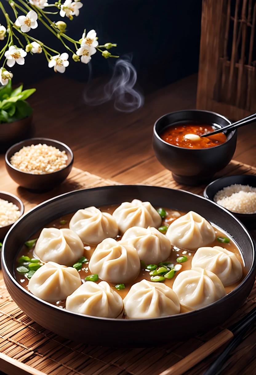 Flat dumplings are scattered on the bamboo slips .Close-up of a plate of dumplings with a bowl of sauce,(middle of screen), Black porcelain bowl and black spoon meal,Several white plum blossoms as background.The dumplings on the plate are smoking, sesame seeds, High quality food photography, Two green onions in the corner.Close-up dumplings .背景木窗窗景 Scene illustratio material。illustratio，Vector，Templates and graphics.culinary art photography,attractive cleavage.Tasty.leave a space.winter solstice atmosphere.cheerfulness.(Best quality at best,4K,8K,A high resolution,tmasterpiece:1.2),ultra - detailed.classical.Realistic and dreamy atmosphere, Natural light illuminates the scene,Background covered with film grain, Natural soft light,(nighttime scene.Fresh and warm light and shadow)ray traycing, vignetting, wide wide shot, ultra-wide-angle, Best quality at best