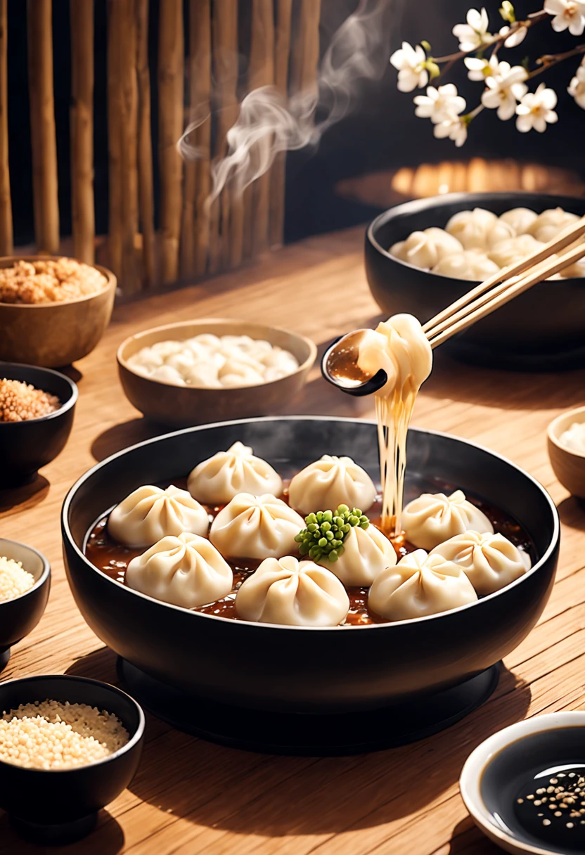 Flat dumplings are scattered on the bamboo slips .Close-up of a plate of dumplings with a bowl of sauce,(middle of screen), Black porcelain bowl and black spoon meal,Several white plum blossoms as background.The dumplings on the plate are smoking, sesame seeds, High quality food photography, Two green onions in the corner.Close-up dumplings .背景木窗窗景 Scene illustratio material。illustratio，Vector，Templates and graphics.culinary art photography,attractive cleavage.Tasty.leave a space.winter solstice atmosphere.cheerfulness.(Best quality at best,4K,8K,A high resolution,tmasterpiece:1.2),ultra - detailed.classical.Realistic and dreamy atmosphere, Natural light illuminates the scene,Background covered with film grain, Natural soft light,(nighttime scene.Fresh and warm light and shadow)ray traycing, vignetting, wide wide shot, ultra-wide-angle, Best quality at best
