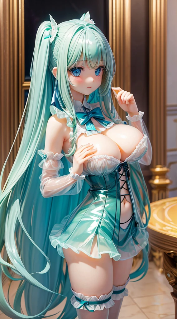 Real View,clear blue shining eyes,Shy face,Cute,kawaii girl, Constriction,big breasts thin waist,Slim big,light green shiny long hair,Transparent vinyl sailor ribbon shoulder shirt,See-through vinyl pleated skirt,Embarrassing pose,ring light,Light source from below,Louvre Museum,companion,spot light,