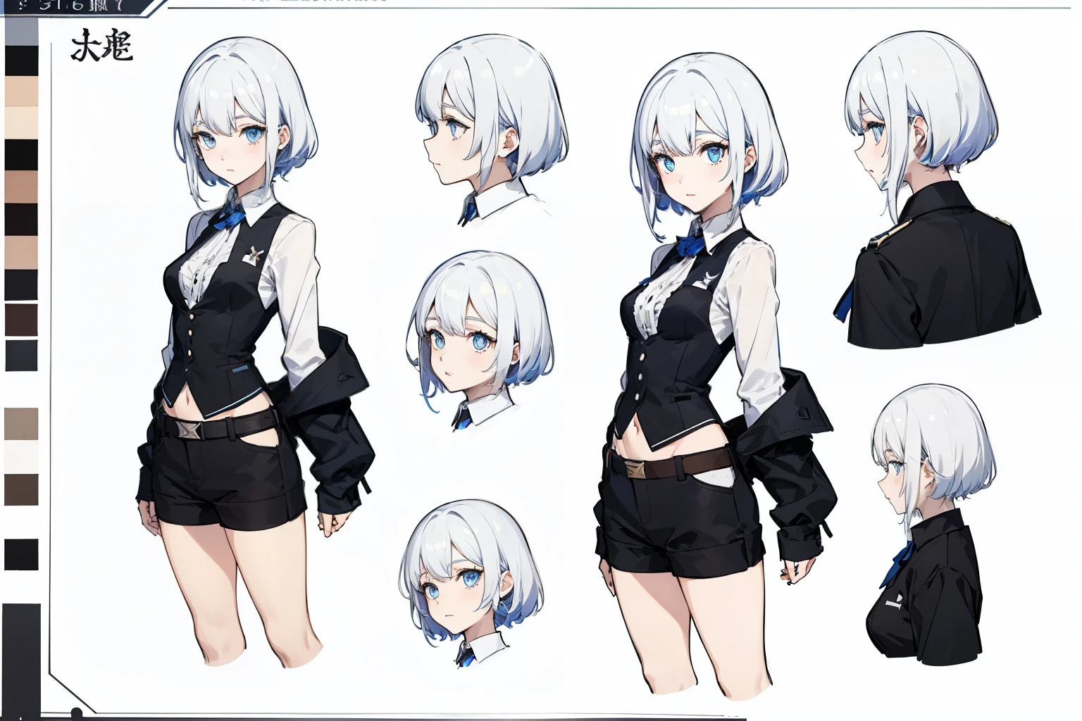 White collared shirt,black collared vest,Tsurime,black shorts,Fashion leather shoes, popular colors,(character design sheet,facefront,backfacing,Lateral face,Same character),The background is ,medium hair,White hair,small nipple,Thick eyebrowig breasts thin waist,Beautiful eyes,Blue eyes,(nmasterpiece),((HighestQuali)),(ultra-detailliert),Giant Breast Girl,(beautifuleyeeautiful details eyes,Clean and meticulous face,Five fingers,Textile shades,anatomy perfect