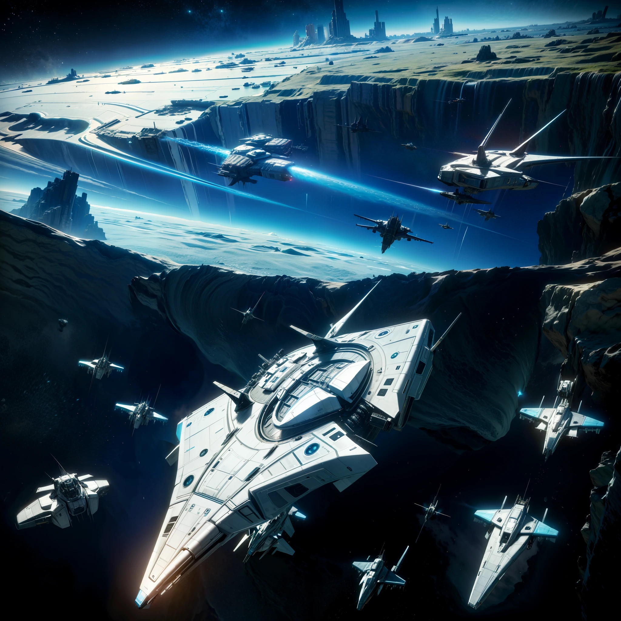 a futuristic starship flying over a watery landscape on a planet, no humans, watercraft, ship, warship, military, spacecraft, military vehicle,more_details:-1, more_details:0, more_details:0.5, more_details:1, more_details:1.5
