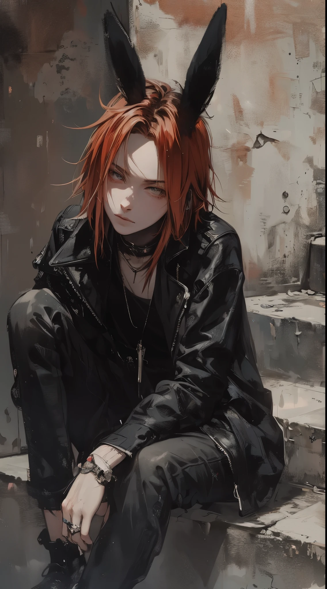 close-up on male, beautiful young man, red shoulder length hair, black leather jacket, gray eyes, black rabbit ears, unfaithful expression, sitting with cheekbones, concrete wall, sitting on concrete steps, dynamic lighting,high quality, amount of drawing, pixiv illustration