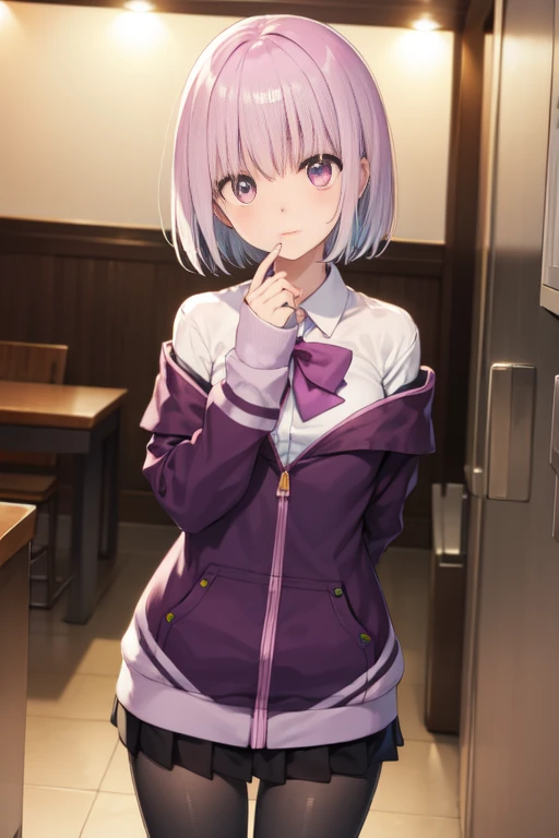 akaneshinjou, shinjou akane, Light purple hair, (Pink eyes:1.2), Short hair,
 Bow,   Open your clothes, pantyhose, purple Bow, , sleeves past wrists, eye glass，purple large size hoodie，a miniskirt，ショートブーツ
BREAK indoors, city,
BREAK looking at viewer, BREAK (masutepiece:1.2), Best Quality, High resolution, Unity 8k壁纸, (Illustration:0.8), (Beautiful detailed eyes:1.6), extra detailed face, Perfect Lighting, extremely details CG, (Perfect hands, Perfect Anatomy),