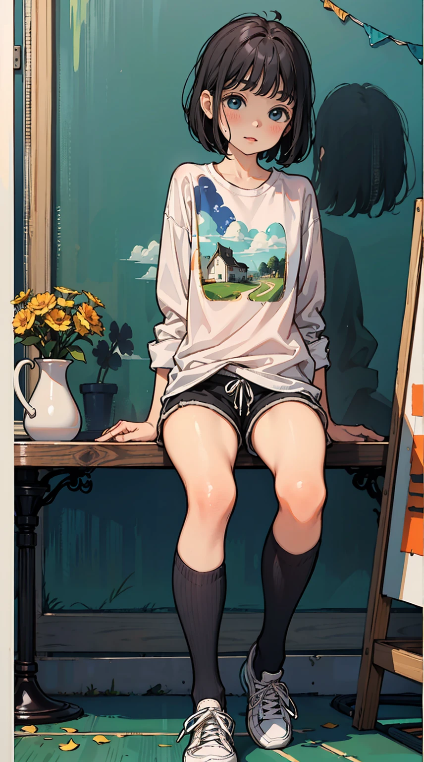 best quality, masterpiece, cutepainting, girl, short hair, shirt, shorts, shoes, grace sitting, full body