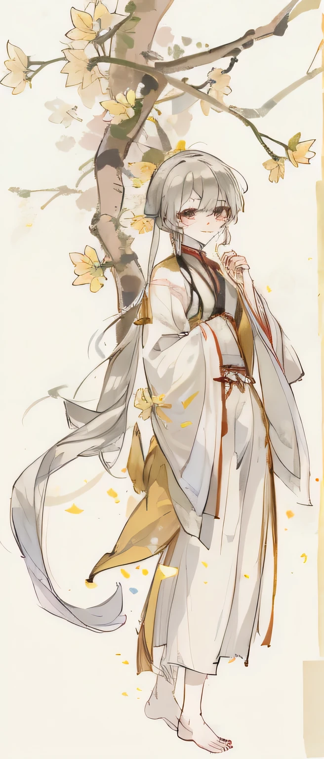 ((4K,tmasterpiece,Best quality at best)), shuimobysim, National congratulations,Ancient China,daffodil, Hanfu, maxis kit, Pretend to be conservative 1 boy, Alone, Long white hair, ssmile, Barefoot,The stands up