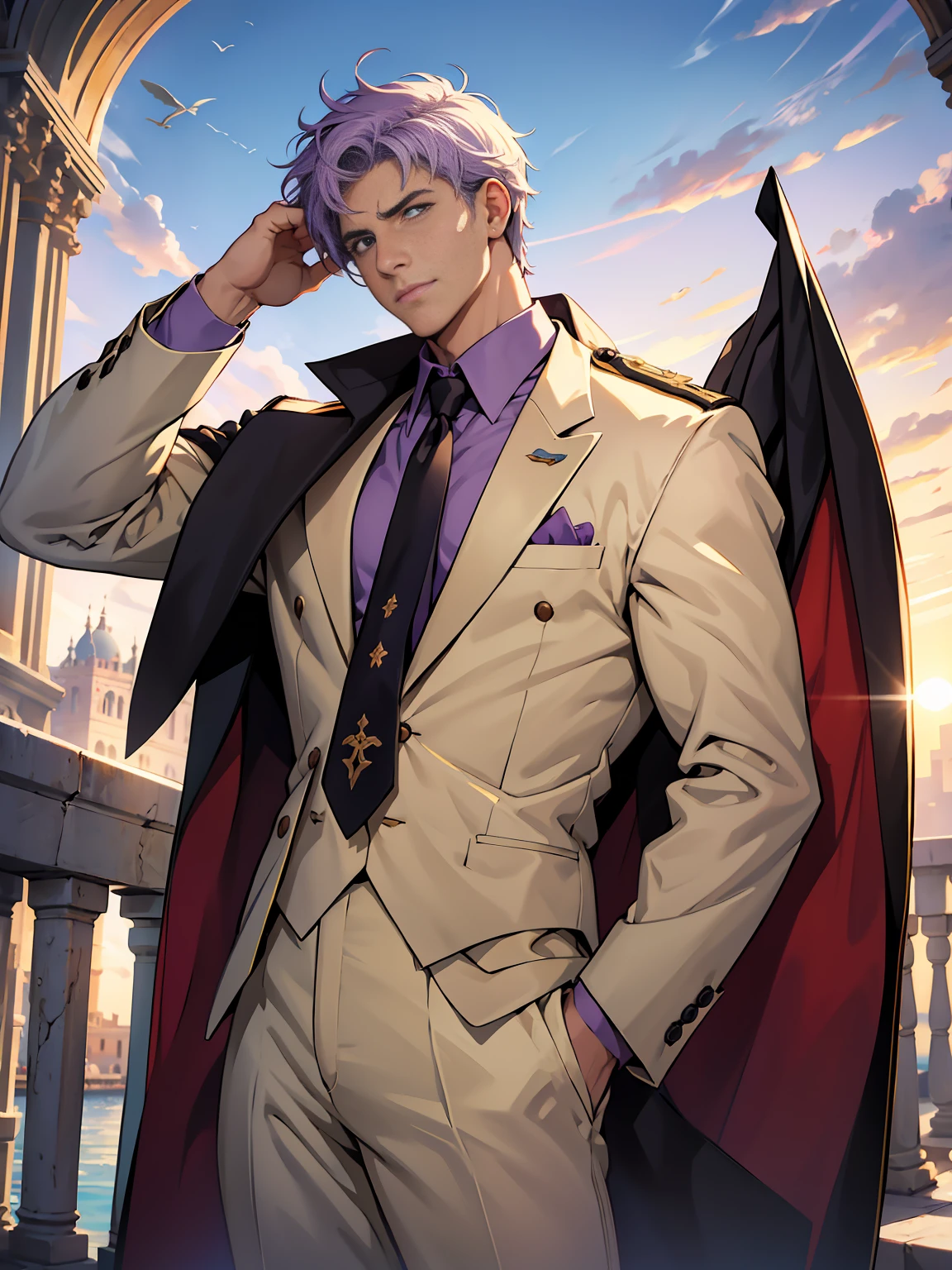 anime.Constantine the Great, Roman Emperor Constantine the Great resurrected in modern times。34 years old。one adult male。Long body。broad shoulder。thick neck。eyes like a lion。Bright and sharp eyes。Looking here。Sincere and kind。Kind and reliable。Deal with it sternly if necessary.。talented and hardworking businessman。successful gentleman。careerist。he is wearing a high quality white suit。dark purple tie。Light purple shirt。forceful。An overwhelming sense of control。romance novel hero。Bold composition。look up to。lyrical。Dramatic。heartful。Romantic。opulent。elegan。elegance。Venice background in the sunset。masterpiece。top-quality。Super beautiful。The ultra -The high-definition。detaileds。exquisite。