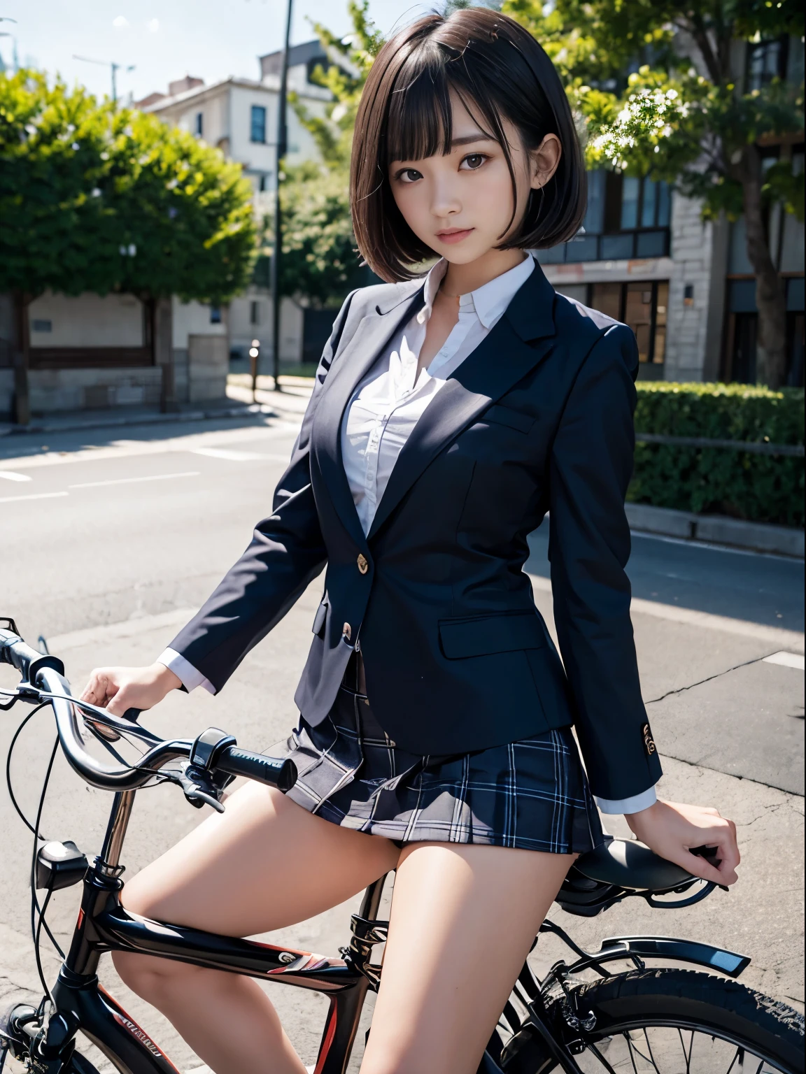 (masterpiece、ultra-detailliert、8K、top-quality:1.5)、((Awesome))、smil、14-year-old idol、Shorthair with bangs、校服、((Dark blue blazer))、((Dark blue checked mini skirt))、((Straddling a bike))、a park
