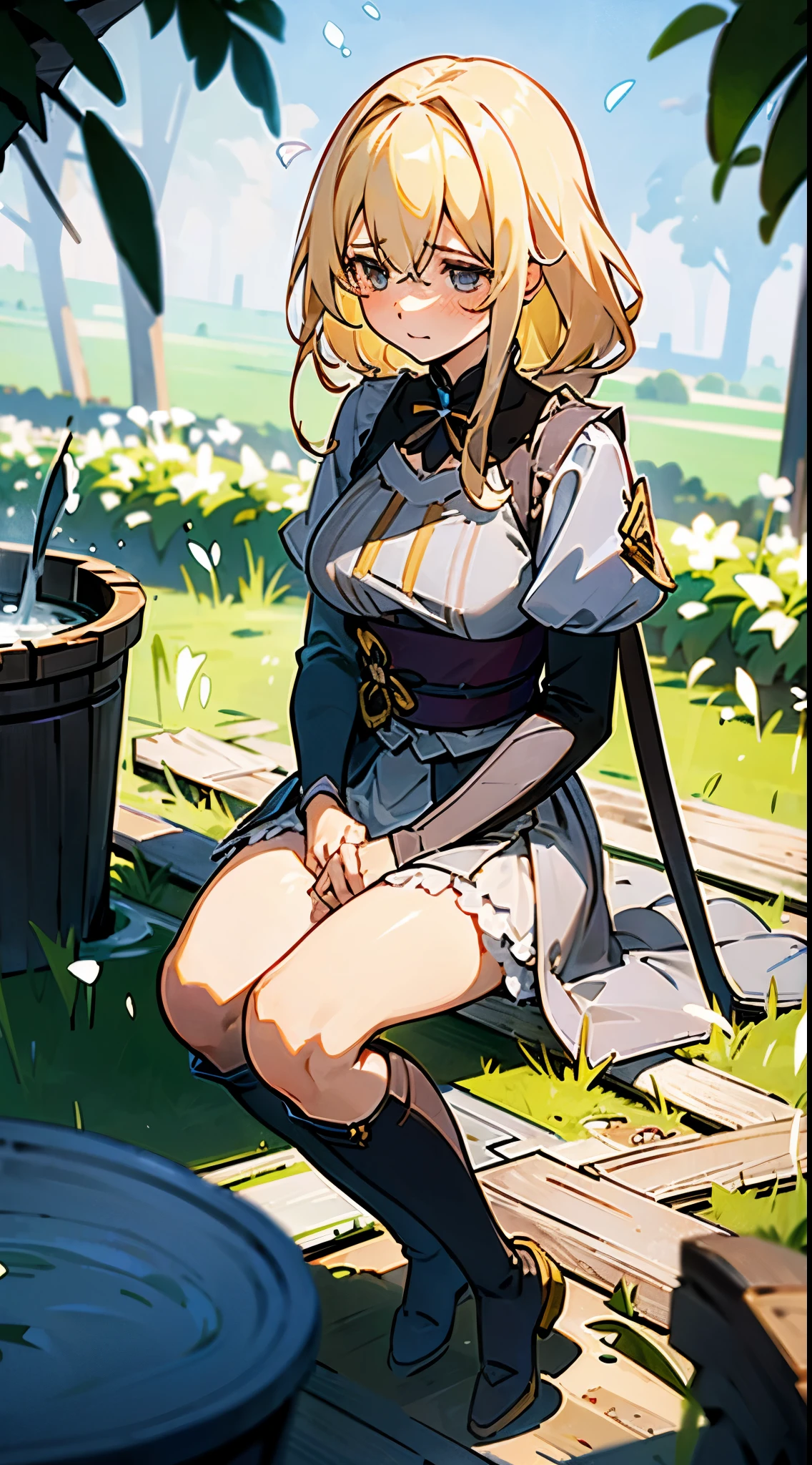 , ((a blond:1.4)), ((Long:1.4)), shame, He's looking at me with a shy expression on his face., Light blue fluttering short dress, frilldの付いた白いエプロンスカートを重ねる, frilld, A large white ribbon is tied in the back around the waist of the dress. , B-cup breasts, Light blue fluttering mini skirt, 両足ともハイソックスは爪先から太ももの半ばあたりまである長い白色のknee high, ((knee high:1.4)), and draw the full body, In the forest where bright sunlight shines through, Clothes disheveled and chest exposed, teatsが見えている, ((teats:1.4)), Her skirt is in disarray and her crotch is visible., 股のFemale genitalsが見えている, ((Female genitals:1.4)), Pee, お漏らししてPeeが股からチョロチョロと出ている, Lying on the ground, lying on one's side, Urine excreted on the ground around my waist runs down my thighs and wets the ground., ((pissing:1.5)), I'm holding out my hand as if to invite you here, The girl is looking at this, Please draw from a low angle on the front side.