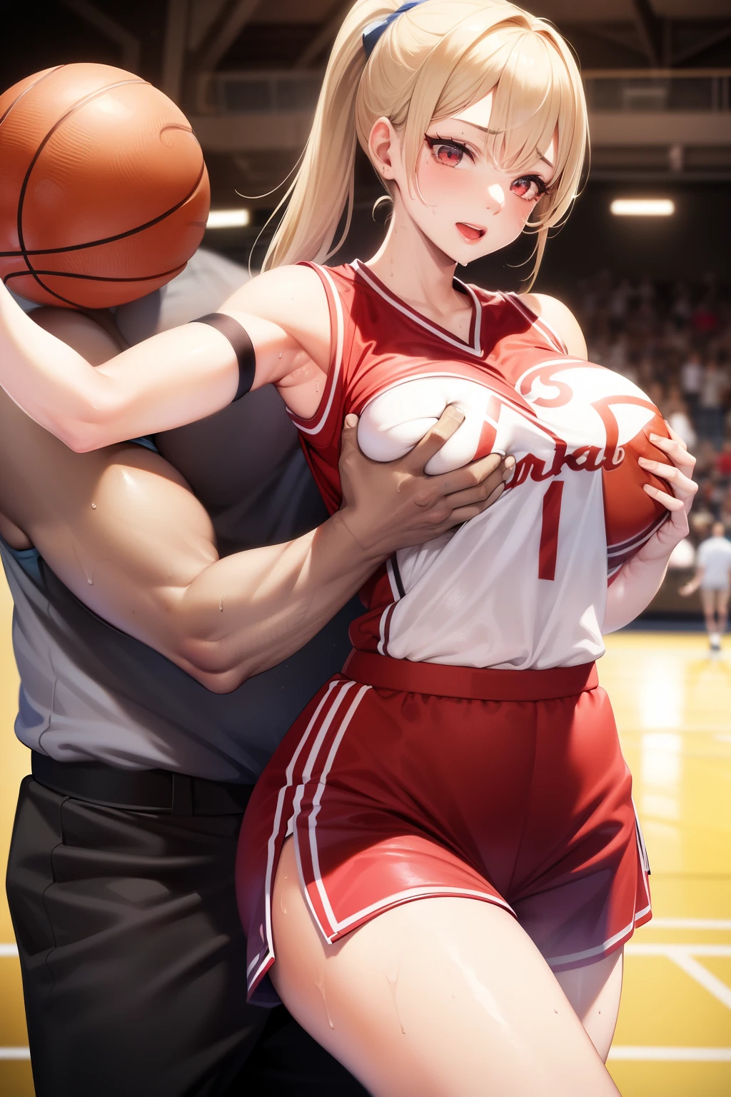 , ( solo girl playing basketball), makeup, cleft lip, high detailing, Perfect face shape, Huge breasts, (A guy grabbed a girl's breasts :1.9), thick thighs, wide hips, thin waist, tall, coral, Red lips, Red Eyes, Ponytail, (Sweat: 1.2), (Wet), Sexy, , full of sweat, cutout chest, (Naked:1.2)(basketball uniform:1.7), lying on court,Open legs,Camel toe,cum on face ,( Large amount of in the chest:1.3),Open legs,(up skirt:1.2), (The man is out of frame:1.5),