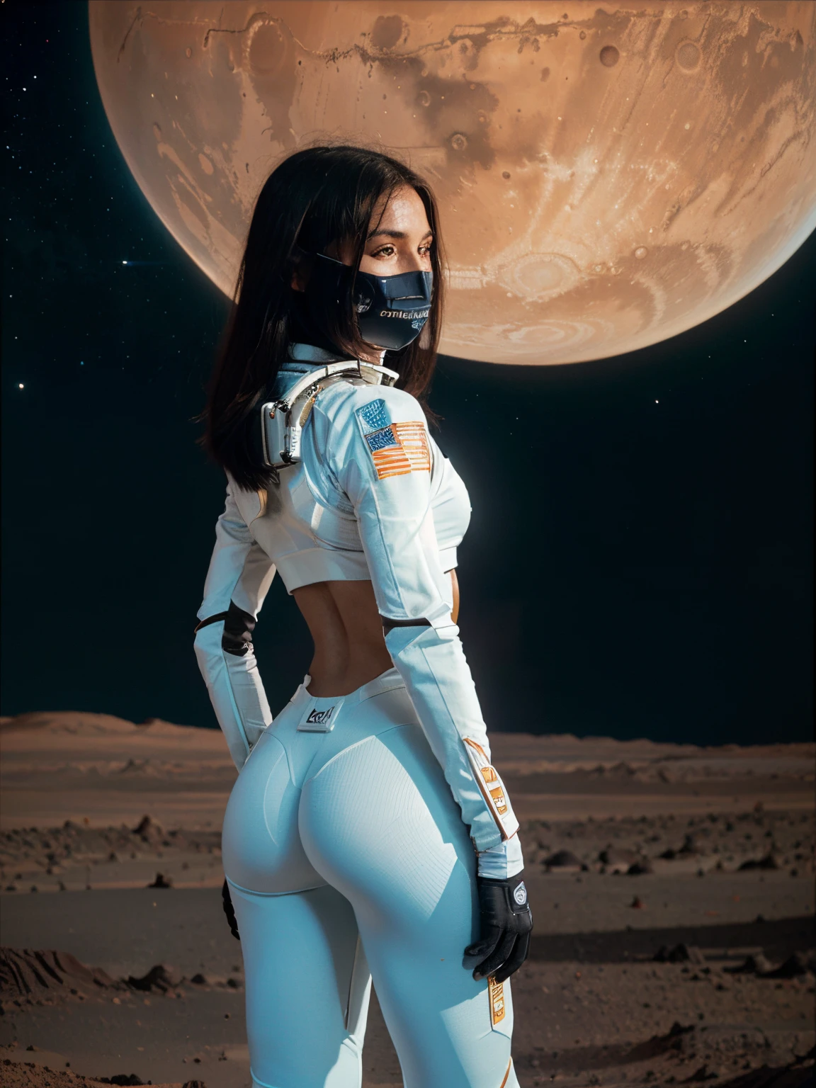 A futuristic front angle (sci-fi) photo of a (fit woman futuristic astronaut), standing on rock overlooking Martian valley on Marack towards viewer, looking ahead, important, wearing skintight white sci-fi spacesuit and boots, full body, fit body, fit ass, complete body, narrow hips, rusty red Martian terrain, mars dust scattered floating in air, (mountain:0.8), (lens flare:0.7), (cross-processing), (highly detailed), (cinematic lighting:1.1), sharp shadows, intricately detailed, photographed on a Hasselblad 500, 80mm F2.8 lens, with Cinestill 800T film, cinematic contrast, outdoors, ((on Mars)), space exploration, journey, NASA-punk, from behind, sfw, NASA helmet with dark screen covering her face, reflecting stars in space