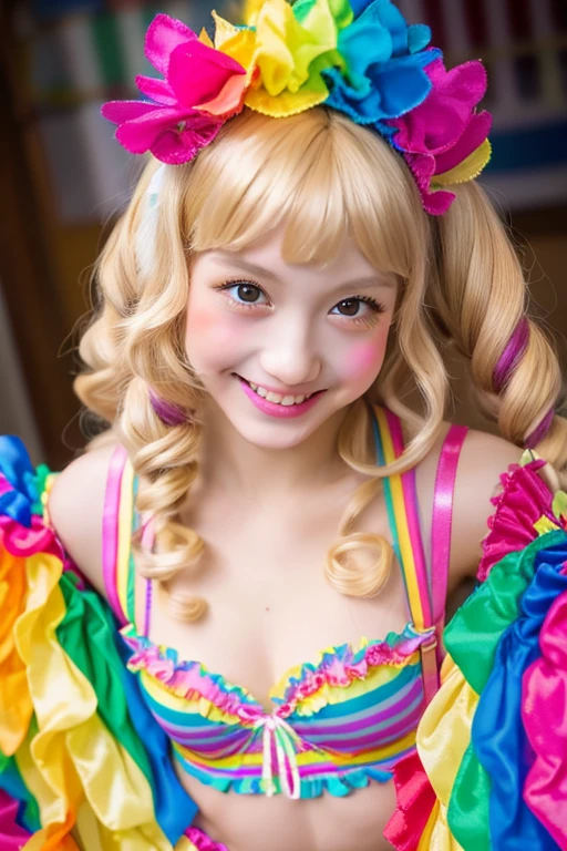  clown、ssmile、Blonde long curly hair、(Wearing a rainbow-colored bra and  costume with big cute frills:1.2)high-level image quality、hightquality、High resolution real image、detaileds、​masterpiece、Professional Photography、