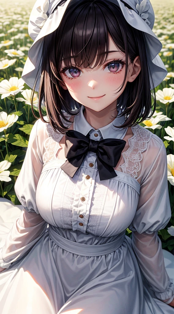 reallistic,A dark-haired,Shorthair,big sister,A slender,flower field,White cap,White dress,a smile