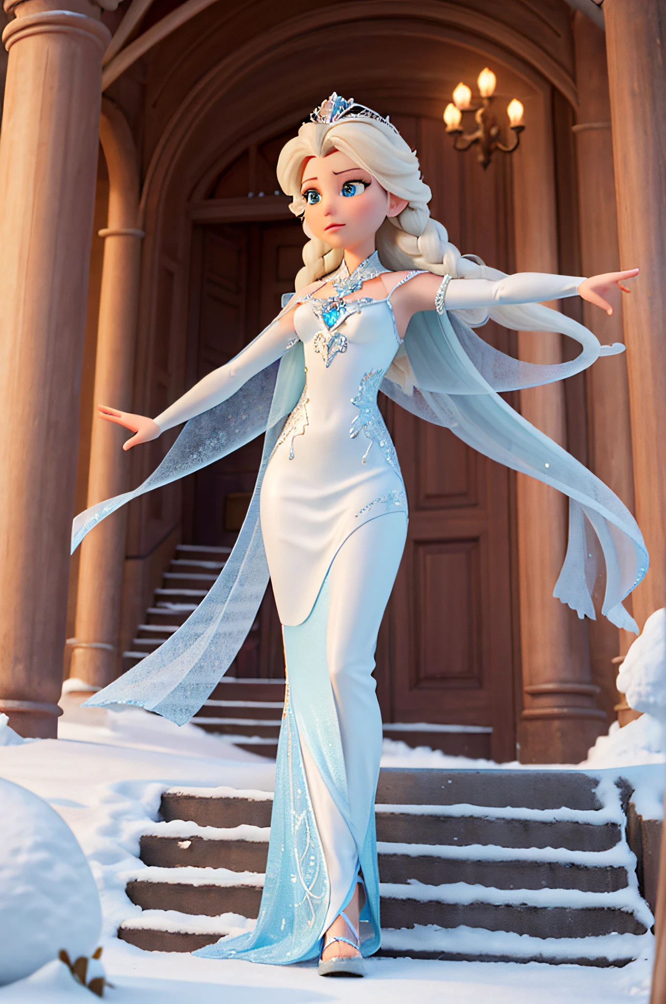 In the enchanting wintry landscape, Elsa, the Snow Queen, takes center stage, exuding grace at the base of a magnificent  staircase. Nude, she commands attention. As she elegantly raises her arms, a mesmerizing flurry of snowflakes dances around her, adding to the magic of the moment.

Step by step, with each movement, a crystalline staircase materializes beneath Elsa's feet. Spiraling upward like a magical pathway sculpted from pure , the staircase embodies the ethereal beauty of her powers. It shimmers with an otherworldly glow, reflecting the enchantment she effortlessly commands.

This scene  a breathtaking display of Elsa's extraordinary power and the  she embraces in this moment of liberation. The viewer  treated to a wide shot captured in high detail, reminiscent of the artistic finesse seen in Pixar animations and the captivating allure of anime styles. The composition  further enhanced by the inclusion of god rays, casting a divine light upon the scene.

For those seeking to reproduce or visualize this masterpiece, envision a wide-angle perspective capturing the entire enchanting tableau. Aim for an 8k resolution to ensure every nuance  brought to life in super detail. The result should be a visual feast, a true high-res spectacle that captures the essence of this magical scene.