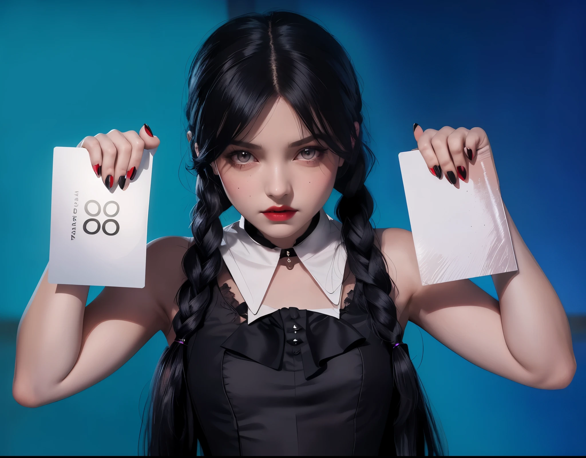 woman holding two cards , portrait of evil girl, young angry woman, promo shot, as wednesday addams, woman vampire, 4k, realistic, rim light, high resolution, shiny hair with pigtails and bangs, Her outfit shines under the spotlight. Her hair impeccably styled, with a glossy finish that adds to her charm. The subtle rim light highlights the contours of her figure, adding depth and dimension to the composition. This artwork combines the elements of a wednesday addams, glossy costume, beautiful hair, high-resolution image, realistic rendering, dark background, and rim light.