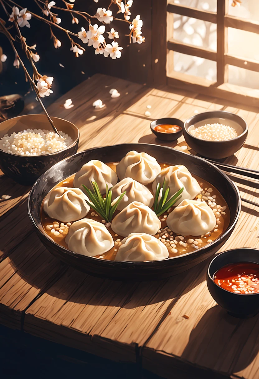 Flat dumplings are scattered on the bamboo slips .Close-up of a plate of dumplings with a bowl of sauce,(middle of screen), Black porcelain bowl and black spoon meal,Several white plum blossoms as background.The dumplings on the plate are smoking, sesame seeds, High quality food photography, Two green onions in the corner.Close-up dumplings .背景木窗窗景 Scene illustratio material。illustratio，Vector，Templates and graphics.culinary art photography,attractive cleavage.Tasty.leave a space.winter solstice atmosphere.cheerfulness.(Best quality at best,4K,8K,A high resolution,tmasterpiece:1.2),ultra - detailed.classical.Realistic and dreamy atmosphere, Natural light illuminates the scene,Background covered with film grain, Natural soft light,(nighttime scene.Fresh and warm light and shadow)ray traycing, vignetting, wide wide shot, ultra-wide-angle, Best quality at best