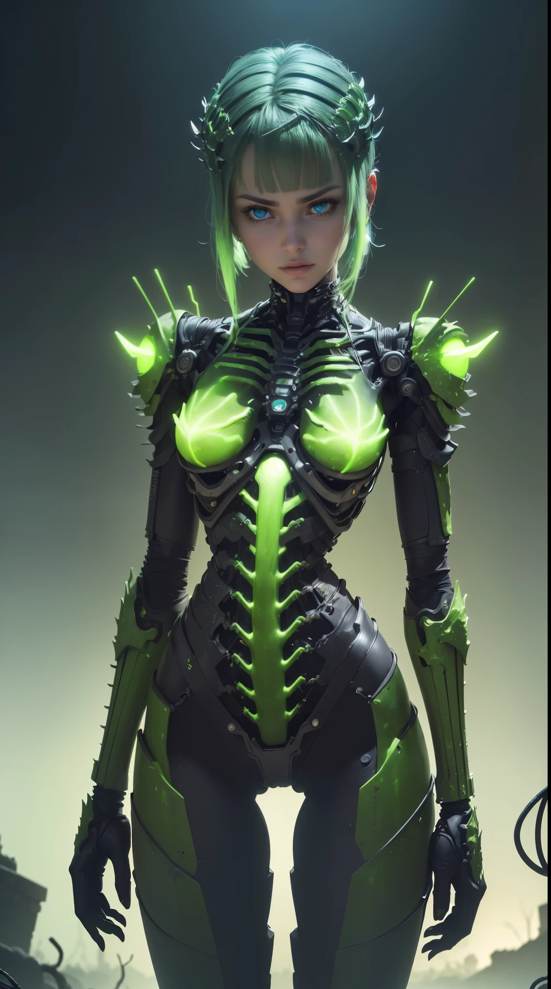 (((master part)))), (((extremely high quality)))), ((Ultra Definition)), (Fotorealidade muito detalhada), (((Muito delicado e bonito)), mega qualidade, 4k, Ultra resolution, (Rosto delicado e bonito), Cinematic light, (((Mulher android))), woman with mechanical parts, mulher com proteses mecanicas, mechanical veins, belly with mechanical parts, mechanical bone spines, mechanic legs, pernas mecanizadas, mechanical arms, luz neon, luz neon no corpo, luz verde no corpo, corpo com led verde, (Olhos brilhantes), (Neon light eyes), (((Post-apocalyptic world)), degradado, mundo destruido, vegetation, (((vasta vegetation))), enferrujadas, enferrujado, ferrugem, ((Cables connected to body prostheses)), (Cables connected to the arms), (Mechanical cables connected to the back), (Cabos conectados as pernas), ((Pernas muito detalhado)), ((Very detailed arms)), ((Ultra detailed prosthetics)), ((Corpo ultra detalhado)), (Peças com extremely high quality)