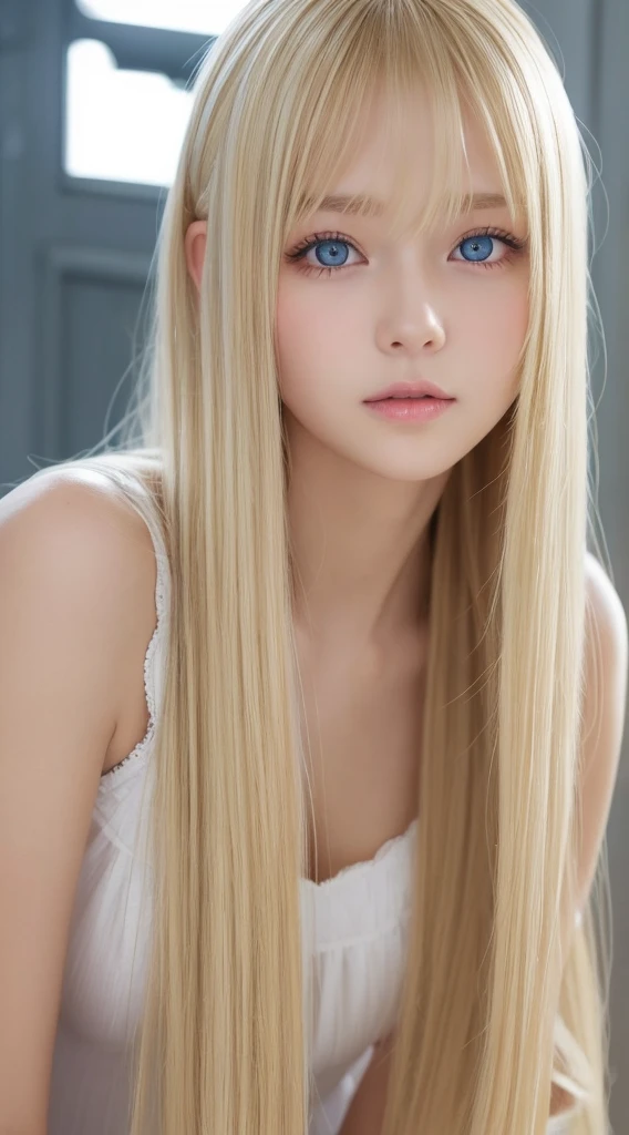 shiny, Beautiful white skin、Hair color changes with light、Bangs between eyes obstruct vision、cheek gloss highlights、Sexy and very beautiful, Nice, kawaii, gorgeous faces、The most beautiful face in the world、The most beautiful super long blonde hair in the world、Smooth straight hair、Very large bright light blue eyes, light fixtures、beautiful pony、Beautiful Swedish blonde girl、Baby's face