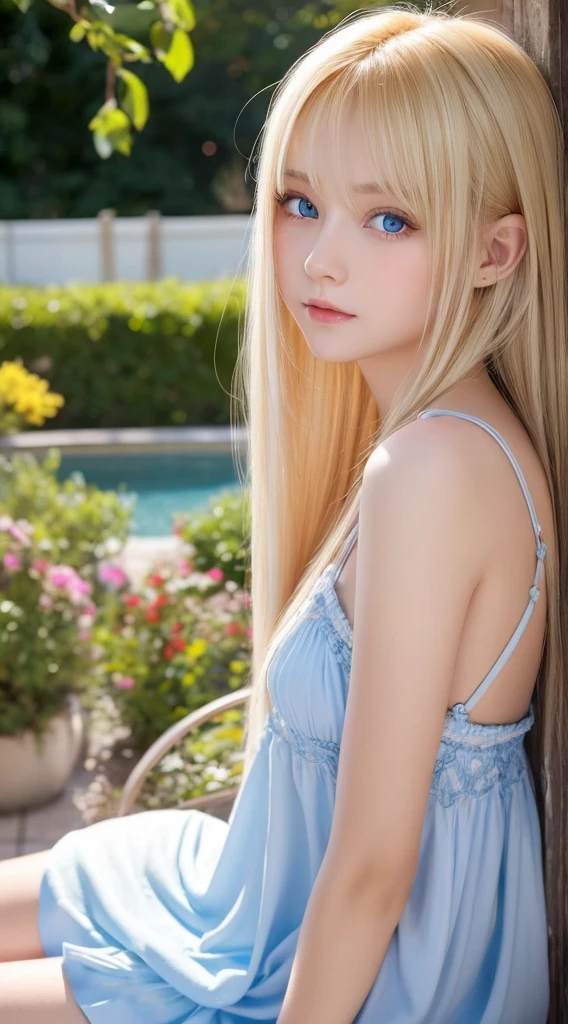 shiny, Beautiful white skin、Hair color changes with light、Bangs between eyes obstruct vision、cheek gloss highlights、Sexy and very beautiful, Nice, kawaii, gorgeous faces、The most beautiful face in the world、The most beautiful super long blonde hair in the world、Smooth straight hair、Very large bright light blue eyes, light fixtures、beautiful pony、Beautiful 15 year old Swedish blonde girl、Baby's face