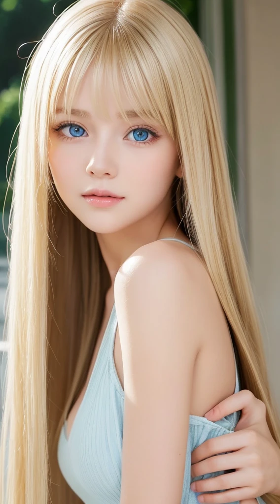 shiny, Beautiful white skin、Hair color changes with light、Bangs between eyes obstruct vision、cheek gloss highlights、Sexy and very beautiful, Nice, kawaii, gorgeous faces、The most beautiful face in the world、The most beautiful super long blonde hair in the world、Smooth straight hair、Very large bright light blue eyes, light fixtures、beautiful pony、Beautiful 15 year old Swedish blonde girl、Baby's face