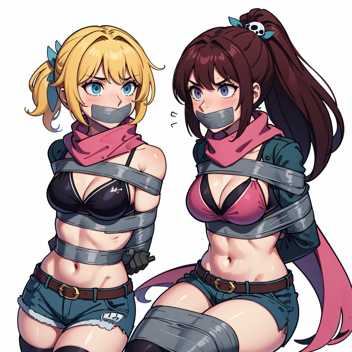 masterpiece, (best quality), perfect eyes, bound, bondage, (arms behind back:1.4), bdsm, tape gag, tape, tape bondage, close-up, restrained, best anatomy, curled up, upper body, yl1, ponytail, scarf, bikini top only, short shorts, midriff, belt, fingerless gloves, skull hair ornament, elbow gloves, pink thighhighs,
