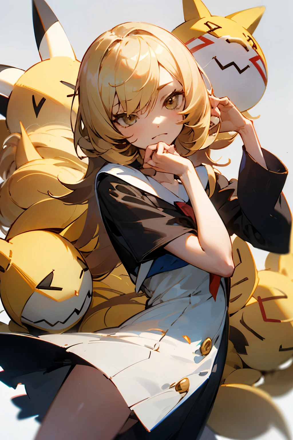 ((Best Quality)), ((masutepiece)), (a beauty girl),
(cool),(negative),((Longhaire)),(Gold Hair)
Mimikyu