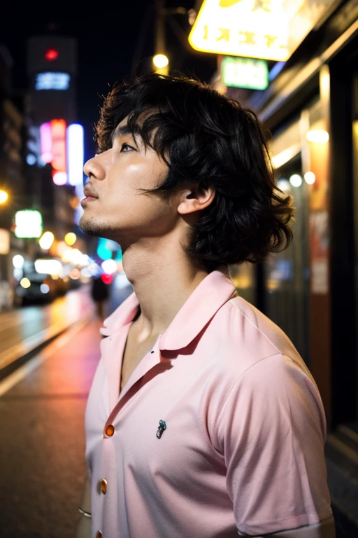 Shota Watanabe, Portrait,muscular, (absurderes, hight resolution, ultra-detailliert),((masutepiece)), ((Best Quality:1.1)), hight resolutionであり, 8K,30's man, a little beard,feminine men,neuter,Perm hair,Yokohama Boynest Quality, masutepiece, (photoRealistic:1.4), 8K raw photo, 4K, High quality, masutepiece, Best Quality, hight resolution, Dynamic Poses, Realistic, Detailed skin, matured male, High contrast,Bust top details , Pink open collar shirt,good chest muscles,Pichi Pitinite,Night walk,face yourself,Night view of Yokohama,my name is gojo