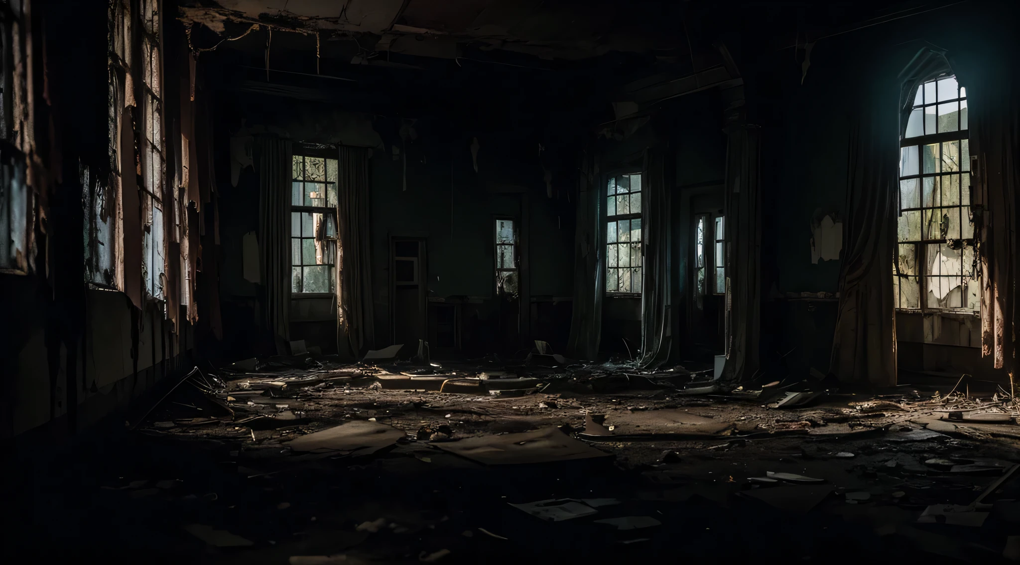 at the abandoned asylum, In the flickering light of a dying flashlight, they found themselves in a cavernous hall adorned with tattered curtains and broken furniture.