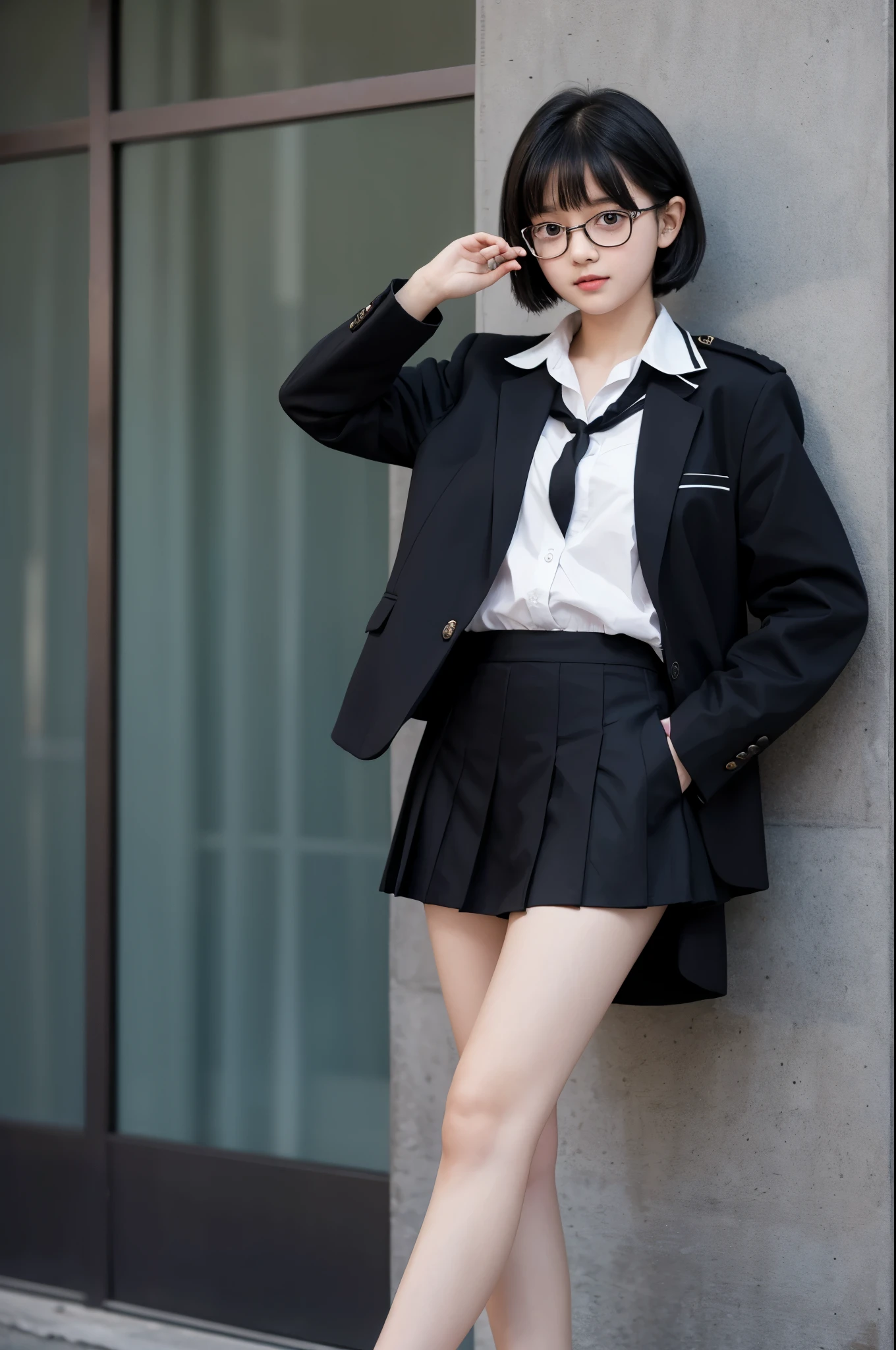 A little girl wearing a short skirt and student uniform,black color hair,wears glasses,