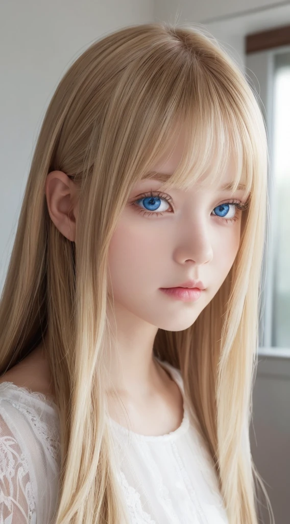 shiny, Beautiful white skin、Hair color changes with light、Bangs between eyes obstruct vision、cheek gloss highlights、Sexy and very beautiful, Nice, kawaii, gorgeous faces、The most beautiful face in the world、The most beautiful super long blonde hair in the world、Smooth straight hair、Very large bright light blue eyes, light fixtures、beautiful pony、Beautiful 15 year old Swedish blonde girl、Baby's face