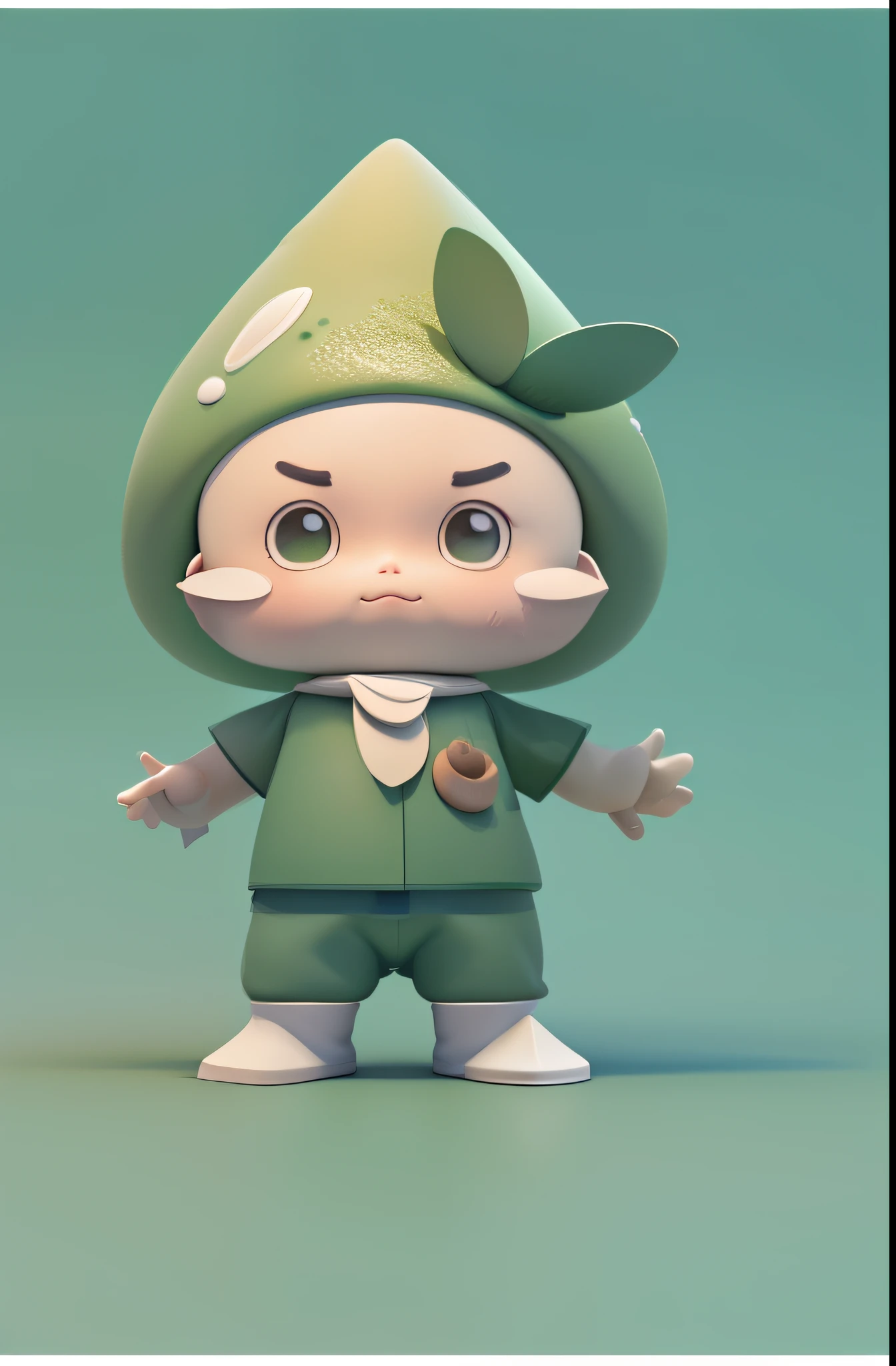3d character wearing teardrop hat、Boy character wearing leaves on his head, cute character, cute character, high quality character design, 人物, Water dripped from him, Animated characters, 3d illustrations, C4D modeling,3D high-definition rendering clay material Morandi clean and soft color blind box diagram