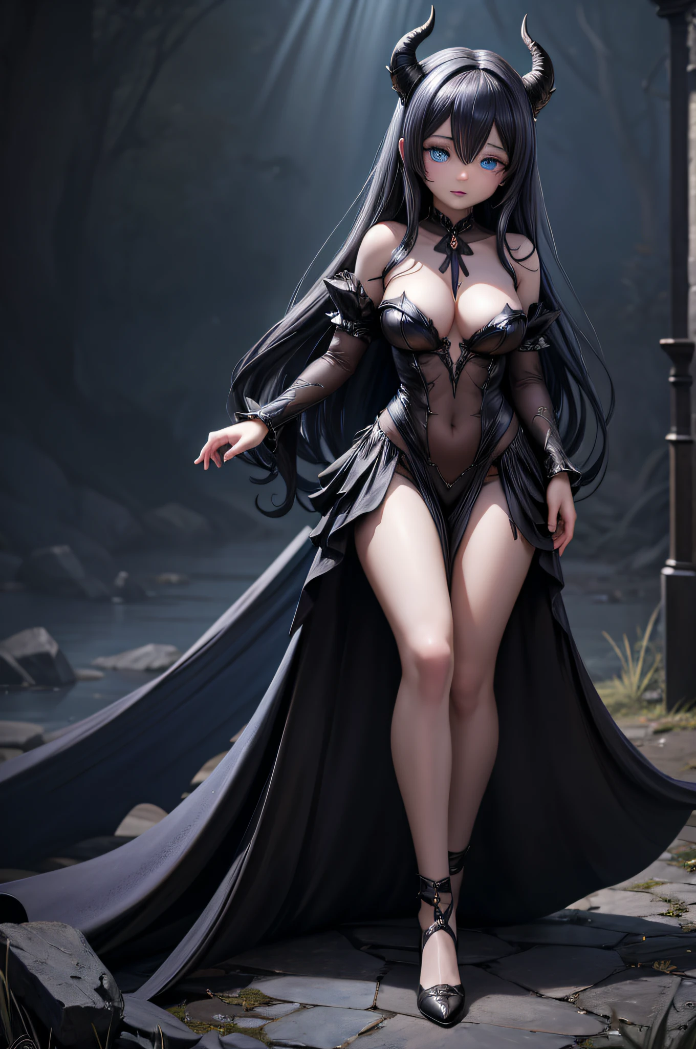 Generate a high-detail, dark fantasy setting-style anime depiction of a succubus named Lysandra Nightshade. Ensure a wide shot with a wide-angle perspective, highlighting her captivating features in a setting that exudes an otherworldly, ominous atmosphere. Emphasize god rays to enhance the ethereal glow of her pale skin and the shimmering effect of the silver arcane symbols on her gown. Create an 8k resolution masterpiece that showcases super detail, allowing for an intricate portrayal of her sapphire-blue eyes, subtle horns, and flowing black hair against a backdrop of shadows and mystery. The image should evoke the allure and danger of Lysandra as she gracefully navigates the dark fantasy realm.