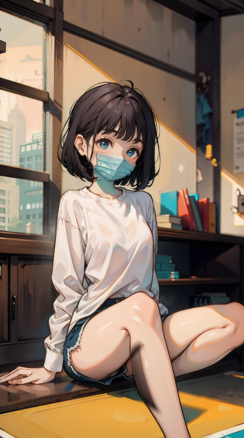 best quality, masterpiece, cutepainting, girl, short hair, shirt, shorts, shoes, grace sitting, full body