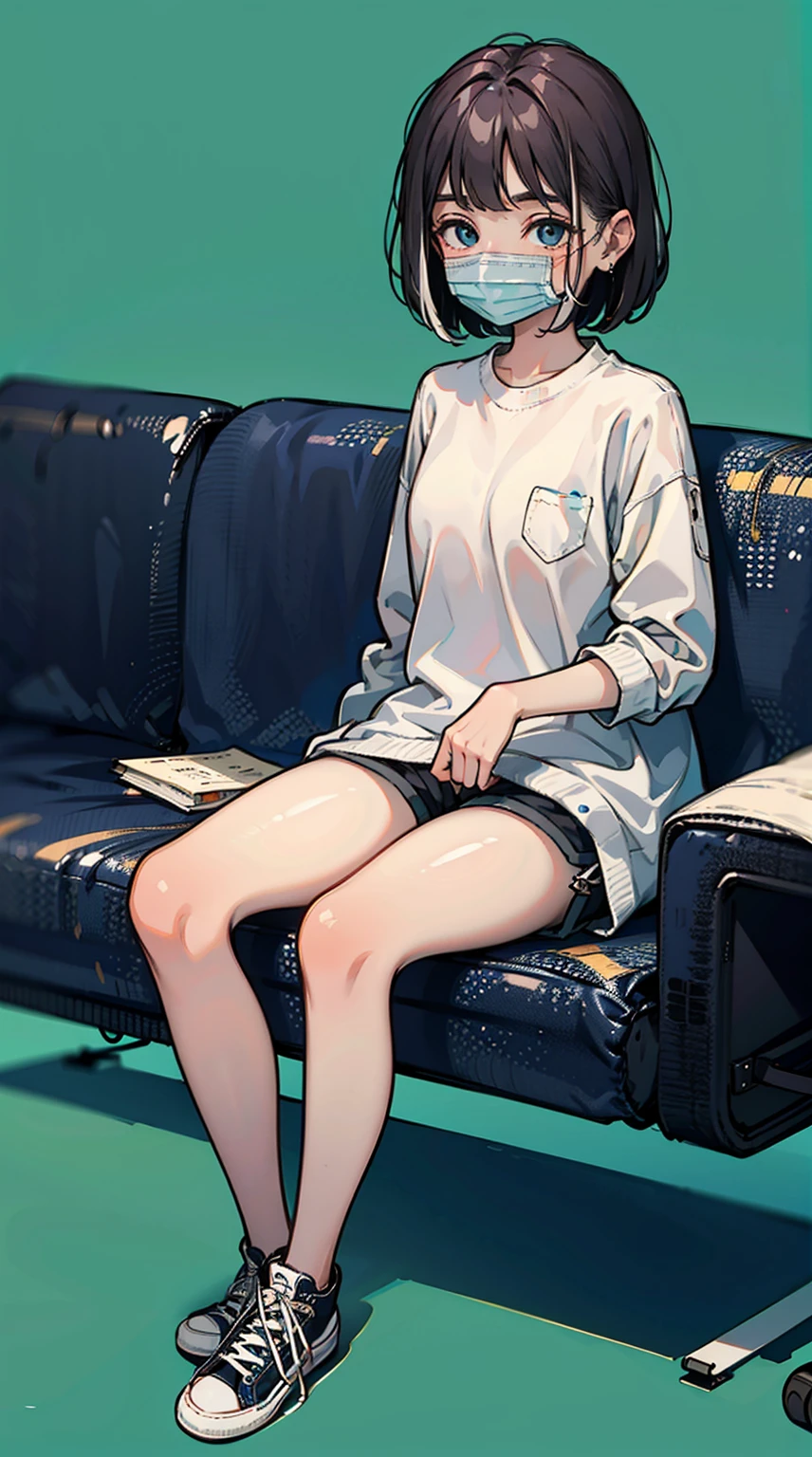 best quality, masterpiece, cutepainting, girl, short hair, shirt, shorts, shoes, grace sitting, full body