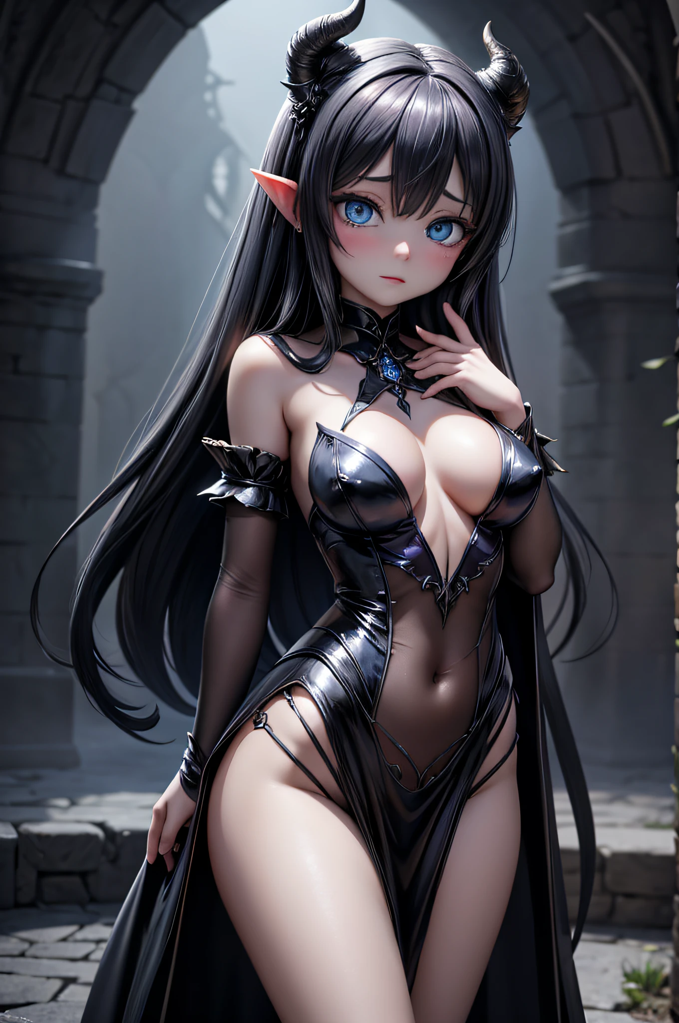 Generate a high-detail, dark fantasy setting-style anime depiction of a succubus named Lysandra Nightshade. Ensure a wide shot with a wide-angle perspective, highlighting her captivating features in a setting that exudes an otherworldly, ominous atmosphere. Emphasize god rays to enhance the ethereal glow of her pale skin and the shimmering effect of the silver arcane symbols on her gown. Create an 8k resolution masterpiece that showcases super detail, allowing for an intricate portrayal of her sapphire-blue eyes, subtle horns, and flowing black hair against a backdrop of shadows and mystery. The image should evoke the allure and danger of Lysandra as she gracefully navigates the dark fantasy realm.