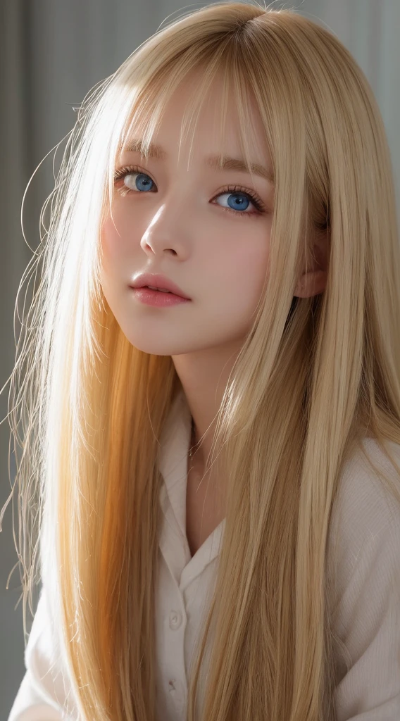 shiny, Beautiful white skin、Hair color changes with light、Bangs between eyes obstruct vision、cheek gloss highlights、Sexy and very beautiful, Nice, kawaii, gorgeous faces、The most beautiful face in the world、The most beautiful super long blonde hair in the world、Smooth straight hair、Very large bright light blue eyes, light fixtures、beautiful pony、Beautiful 15 year old Swedish blonde girl、Baby's face