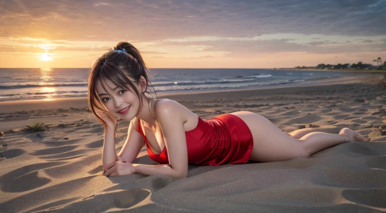 masutepiece, Best Quality, 23years old,Ultra-detailed, finely detail, hight resolution, 8K Wallpaper, Perfect dynamic composition, Natural Color Lip,(Wearing a red short dress:1.4),(Ponytail:1.3), breasts are large,(Lying down,barefoot on the sand:1.3),(white silk short dress:1.4)27-year-old girl,(Full body:1.3),Shot from the side,Enjoy the sunset,Please turn to your left and smile,