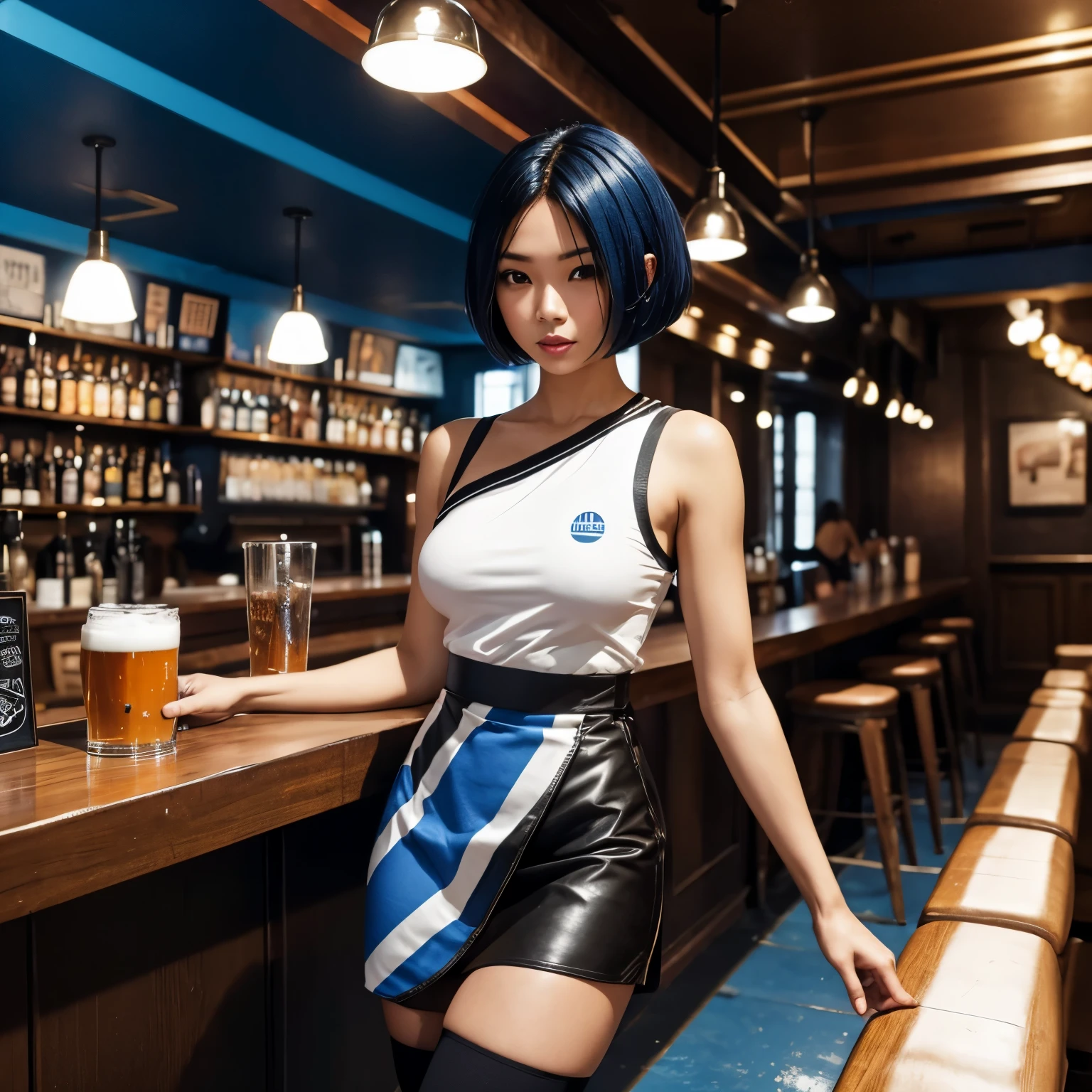 a woman in a crowded pub. wearing a black leather skirt featuring a large blue vertical stripe. Small split to front of skirt. Wearing an orange top with a logo and text, sleeveless, off shoulder asymmetrical design, with multiple white shoulder straps over one side. Thick black knee socks, black boots. In a busy modern airy pub. a beautiful mixed-race nigerian korean model with pale skin. short bob haircut., with blue streaks. Standing, walking towards the camera. slim, busty