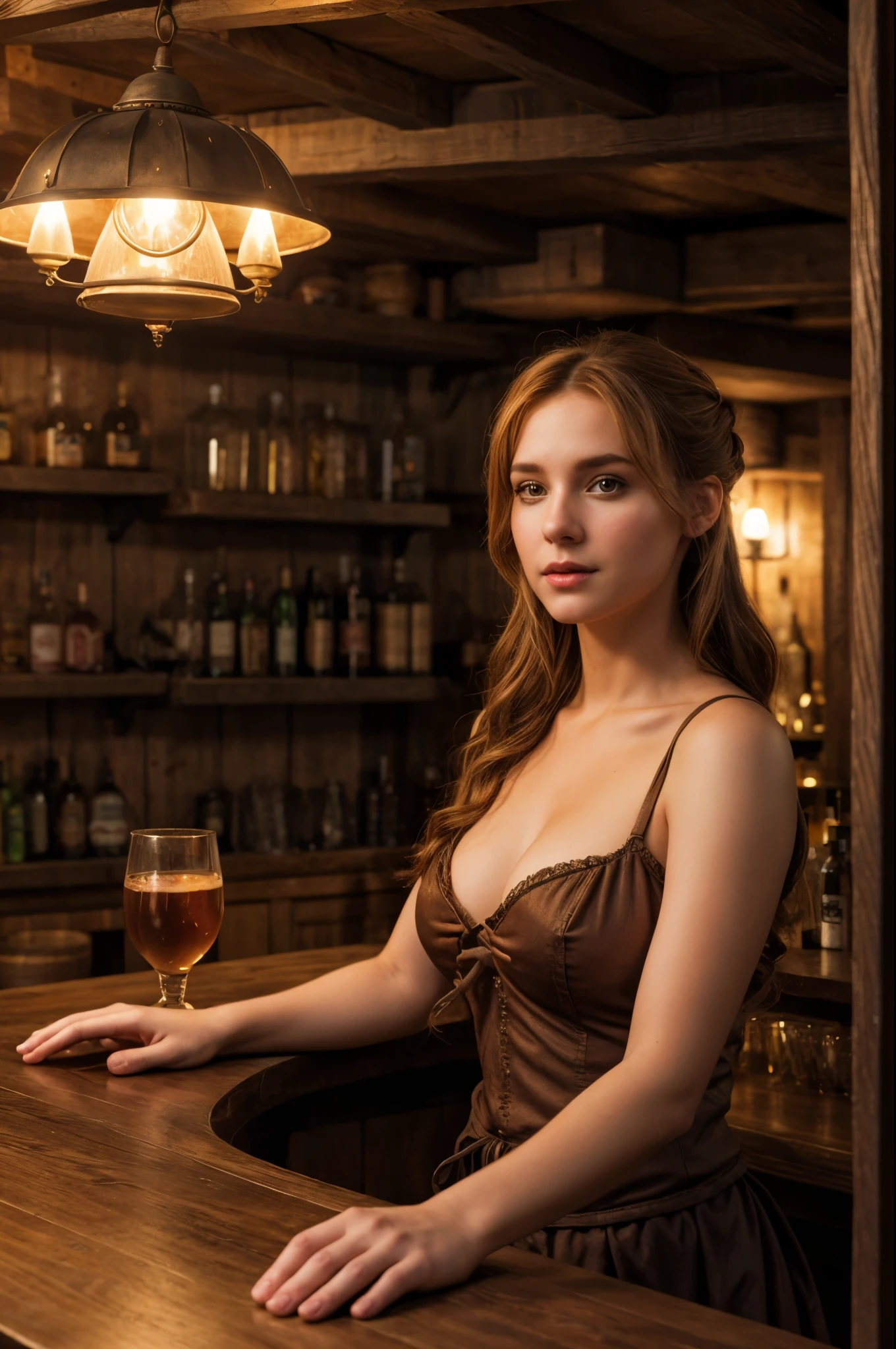 A 4K picture of a female bartender in a tavern, medieval age theme, in a tavern, stunning gorgeous face, highly detailed, warm colors, masterpiece, soft diffused lighting