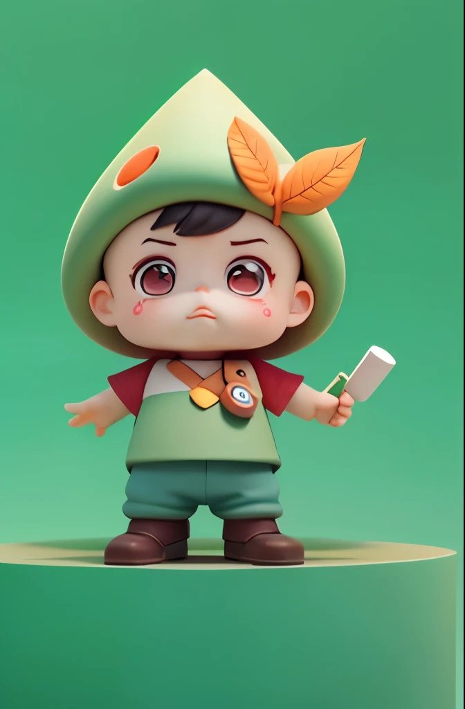 A 3d character wearing a teardrop hat、Character of boy wearing leaves on head, Cute characters, cute character, high quality character design, 人物, Water dripped from him, Animated characters, 3d illustrations, C4D modeling，3D high-definition rendering clay material Morandi’s clean and soft color blind box figure